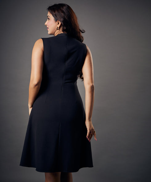 Slanted Panel Skater Black Dress